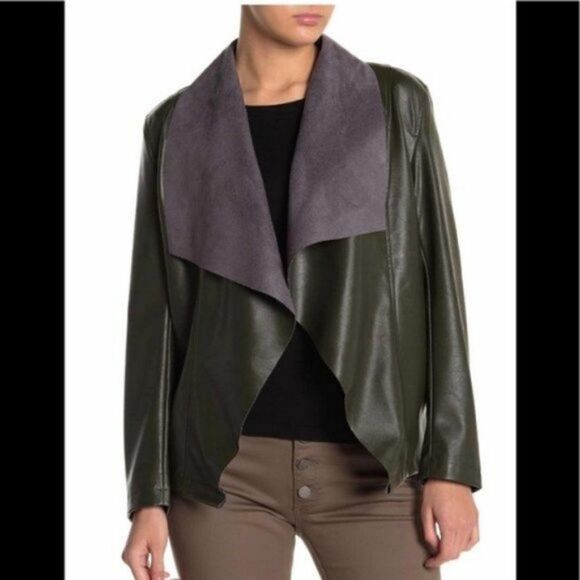 Tahari Faux Leather Moto Drape Wrap Jacket, Comfy Dark Green, Size Small, NWT - Picture 3 of 12
